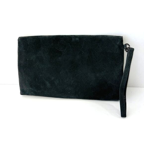 Elegant Black Suede Clutch Purse with Wrist Strap & Interior Zip Pocket - Chic! - Picture 2 of 4